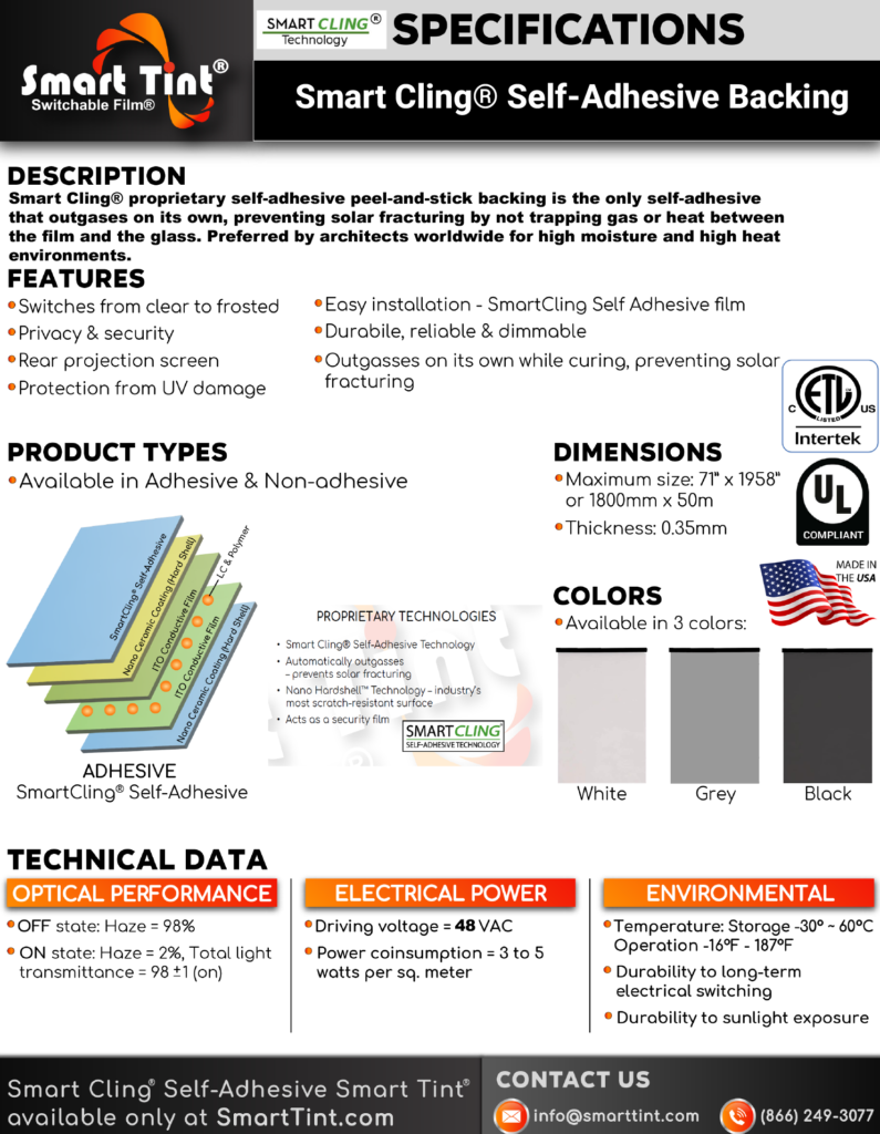 Smart Cling Self Adhesive Spec Sheet